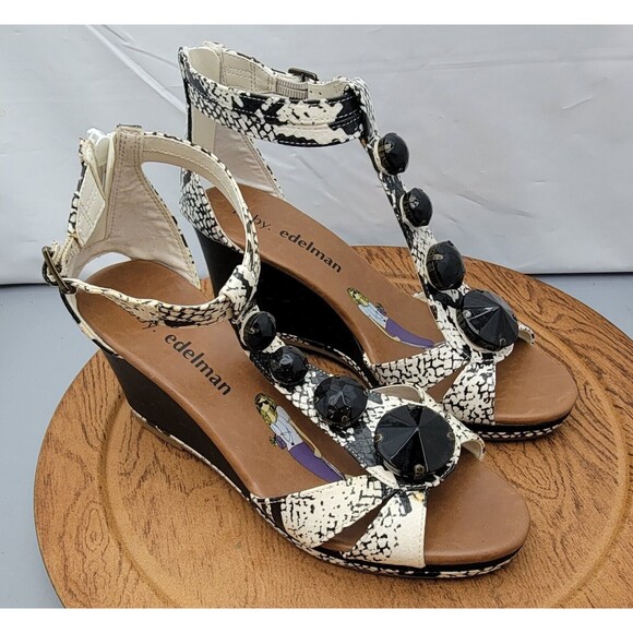 Libby Edelman White Snake Print Wedge Sandals 8M Open Toe Strappy Zip Back EUC - Picture 2 of 15